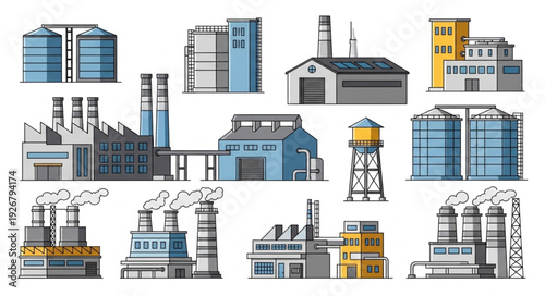 Collection of various industrial buildings and factories with chimneys and smoke.