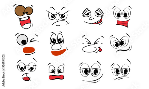 Set of twelve diverse cartoon facial expressions showing various emotions.