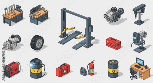 Collection of automotive repair tools and equipment for vehicle maintenance.