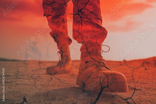 A soldier's boots tread on cracked earth under a dramatic red sky, symbolizing struggle and resilience in harsh conditions.