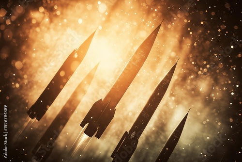 A stunning illustration of rockets launching through a cosmic backdrop filled with mystical light and particles.