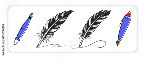 Ink and Quill Dreams: A charming assembly of artistic writing implements and detailed feather quill pens, poised to bring stories to life and infuse everyday moments with elegance.