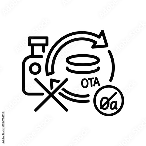 Simple black line illustration of an OTA update process with crossed authentication on a white background.