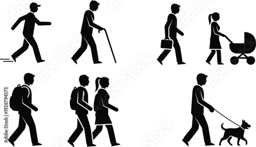 Silhouettes of people walking in various scenarios