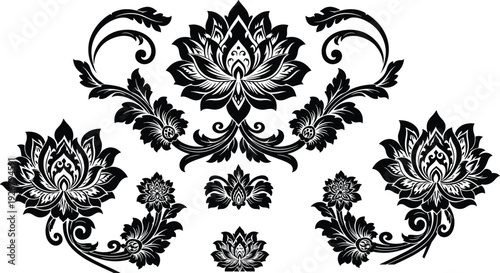 Elegant black floral ornamental elements set featuring lotus flowers baroque scroll leaves decorative vintage vector illustration collection