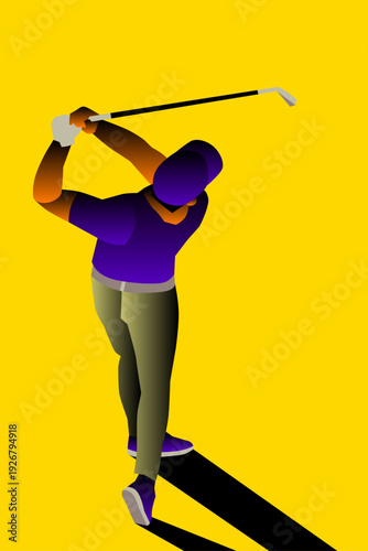 Minimalist silhouette vector of a golfer swinging a club against a vibrant sunset horizon.