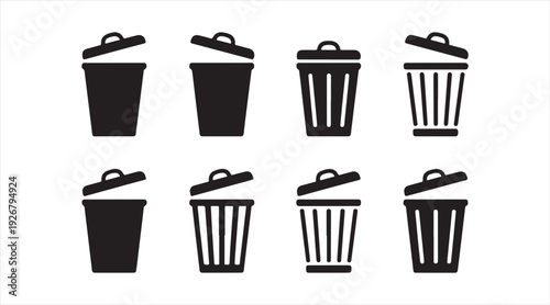 Waste bin icon collection with lid open and closed in solid and outline styles isolated on light background