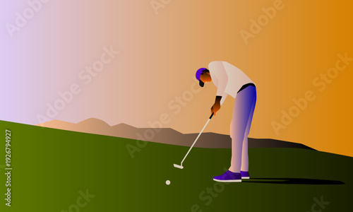 Minimalist vector illustration of a golfer putting a ball on a green during sunset.