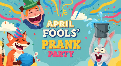 April fools' prank party with cartoon fox rabbit and boy in colorful celebration