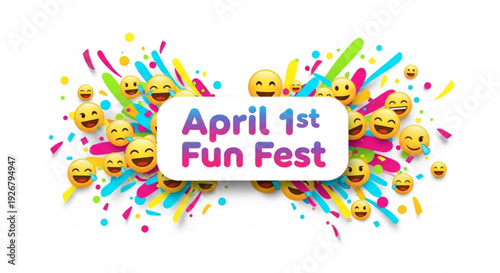 Colorful april fools' day celebration with smiling emojis and confetti on white background for fun festive event