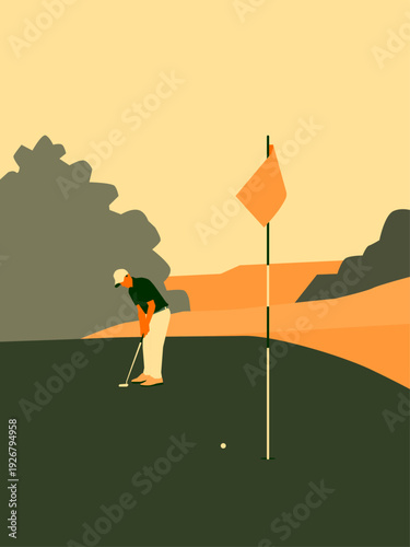 Scenic minimalist vector illustration of a golfer taking a long putt on a dark green course with a golden sky and mountainous background.