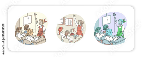 Education and Exploration: A trio of illustrations depicts a student interacting in a classroom setting, each scene a snapshot of learning. The scene showcases learning, observation, and discovery