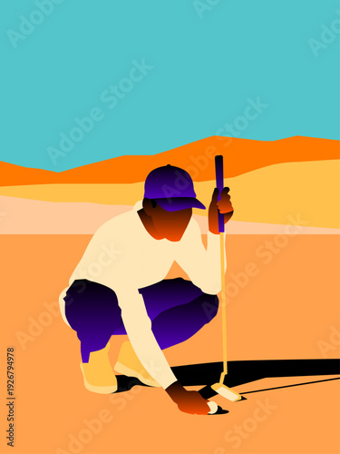 Vibrant flat vector illustration of a golfer crouching to line up a putt on a desert-style course, featuring a bold warm and cool color contrast.