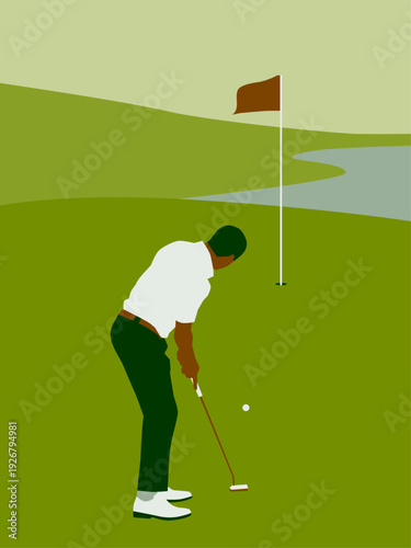 Minimalist vector illustration of a golfer taking a final putt towards the hole on a scenic course with a flag and water hazard.