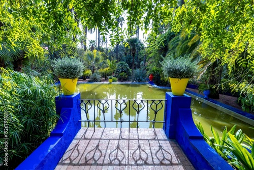Marrakech, Morocco - February 4, 2026: Vibrant Majorelle blue architecture and lush exotic gardens in Marrakech, Morocco. A stunning blend of Art Deco style and traditional Moorish design
