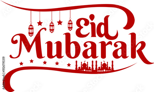 Eid Mubarak icon hand lettering typography collection in red and black color featuring modern calligraphy styles with crescent moon and Islamic decorative elements.