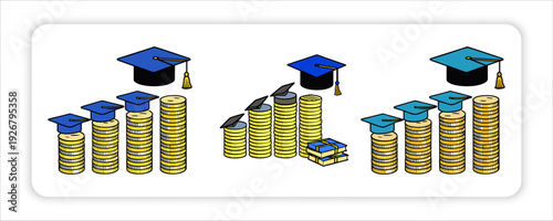 Education Investment: A visual representation of escalating education expenses depicted through stacks of coins, symbolically supporting academic caps.
