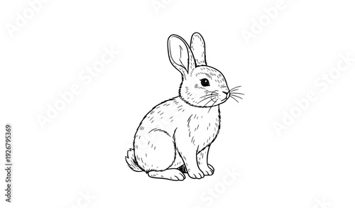 Minimalist seated bunny vector in black and white with soft textured shading charming rabbit illustration isolated on white