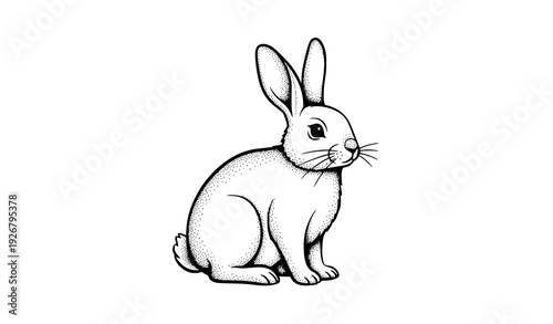 Charming seated rabbit black and white vector art with minimalist texture shading cute bunny illustration isolated on white background