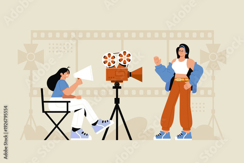 Woman Operating Vintage Film Camera in Studio