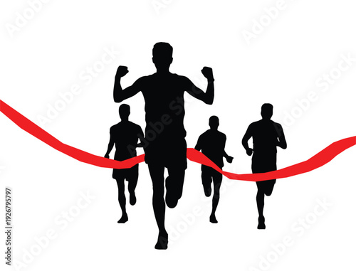 Male runner silhouette crossing red finish line ribbon ahead of marathon crowd for concept of victory success
