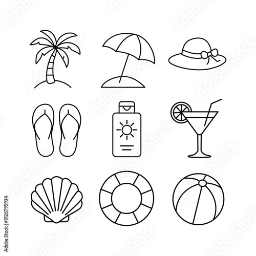 Summer Beach Icon Set Vector Illustration with Palm Tree, Umbrella, Flip-Flops, Cocktail, and Lifebuoy