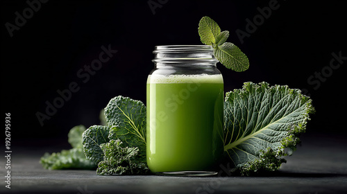 Wallpaper Mural Fresh green juice in glass jar with kale leaves and mint garnish on dark background, healthy vegetable drink Torontodigital.ca