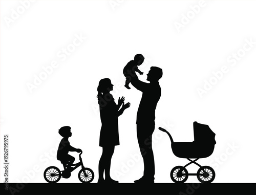 Happy Family Silhouette Parents with Baby Toddler Bicycle and Stroller Illustration