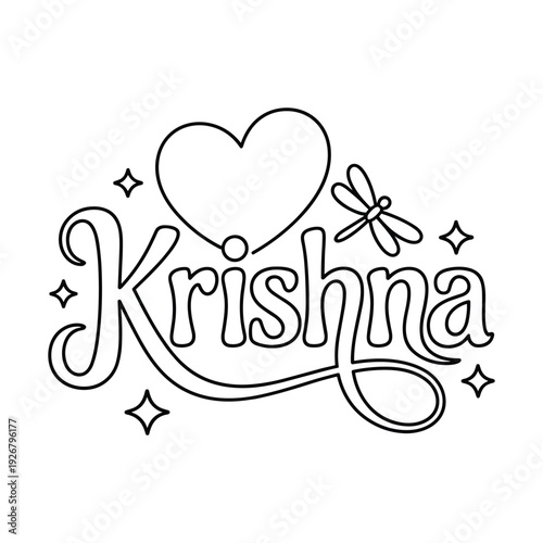 Stylized inscription Krishna with a heart shape and dragonfly element isolated on transparent background