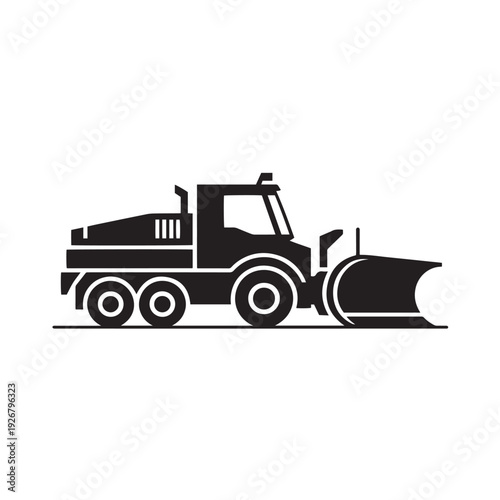 Industrial snow plow truck silhouette with heavy front blade and multiple wheels designed for winter road clearing and highway safety on transparent checkered background