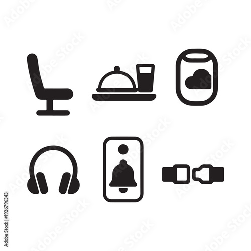  Airplane Service Icon Set Vector Illustration with Seat, Meal, Window, Headphones, and Seatbel