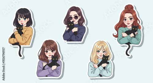 Cute Anime Girls with Black Cats Sticker Collection – Kawaii Cat Lover Illustration Set