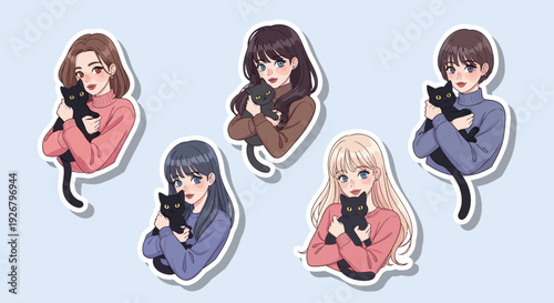Cute Anime Girls with Black Cats Sticker Collection – Kawaii Cat Lover Illustration Set