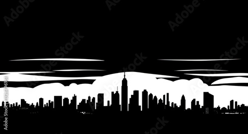 city, skyline, silhouette, urban, metropolis, buildings, skyscrapers, downtown, architecture, cityscape, horizon, outline, black, monochrome, minimal, modern, graphic, vector, illustration, icon, symb