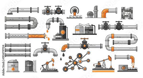 Oil and gas industry infrastructure with pipelines and equipment for extraction and transportation.