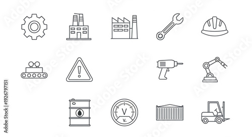 Industrial manufacturing and engineering equipment and machinery icons set.