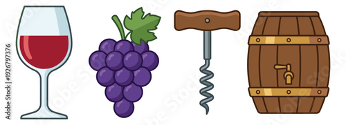 Cartoon line art wine elements set featuring a glass of red wine, grapes, a corkscrew, and a wooden barrel for beverage industry and celebration