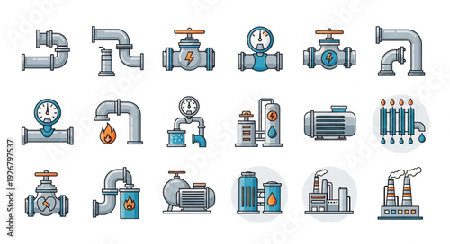 Collection of industrial pipes, valves, and equipment illustrations for design.