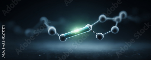 Futuristic molecular structure with glowing green core, clean lines, and abstract science background, innovation concept