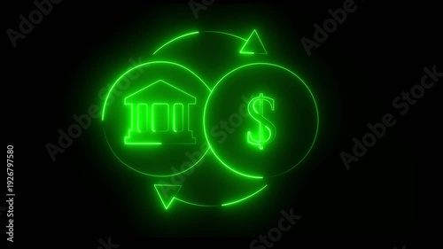 Neon Bank to Dollar Exchange Icon – Financial Transaction Dollar Exchange Banking System Fintech Concept.