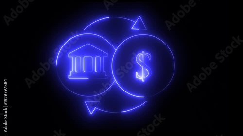 Neon Bank to Dollar Exchange Icon – Financial Transaction Dollar Exchange Banking System Fintech Concept.