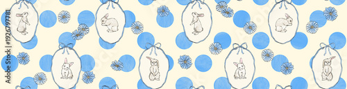 light blue watercolor hand-drawn seamless pattern with bunnies, flowers and ribbons. Easter background. Baby print. Cute rabbit print. Easter bunny seamless pattern.