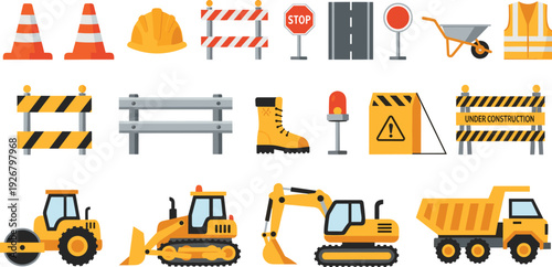 Road Construction Icons Vector Set Featuring Safety Barriers, Warning Signs, Traffic Equipment, and Heavy Machinery for Engineering and Infrastructure Design