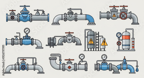 Collection of various industrial pipes and valves for fluid control and management.