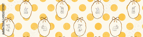 Yellow watercolor hand-drawn seamless pattern with cute bunnies and ribbons. Easter background. Baby print. Cute rabbit print. Easter bunny seamless pattern.