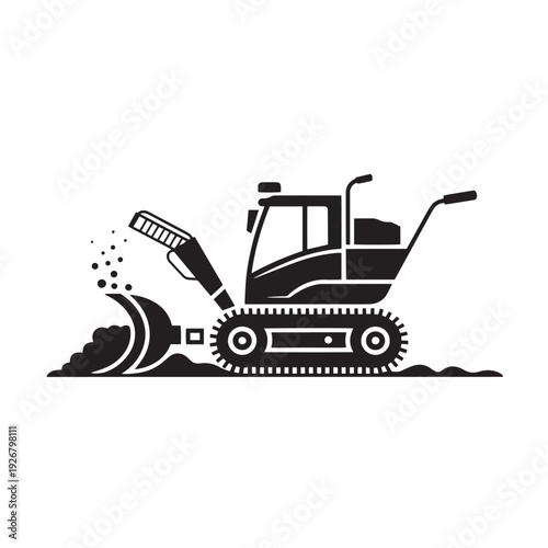 Snowcat grooming machine silhouette with plow and tracks used for ski resort maintenance and winter mountain trail preparation isolated on transparent checkered background
