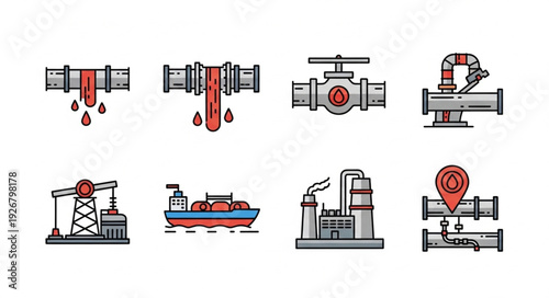 Oil industry pipeline and transportation icons representing various aspects of the sector.