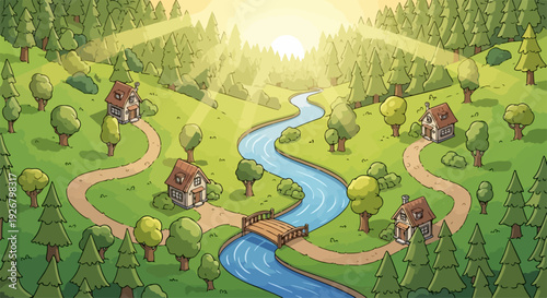 Cartoon landscape with a winding blue river, wooden bridge, five small houses, green trees, and sun rays over a forest