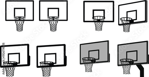 Basketball Hoop and Backboard Vector Set with Different Angles and Perspective Views for Sports Game Competition and Athletic Court Design
