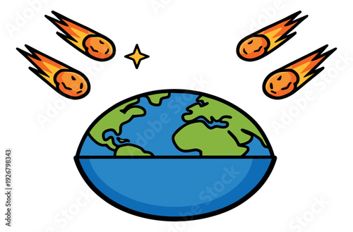 Hand drawn cartoon illustration of planet earth depicting multiple meteors approaching for a space disaster concept